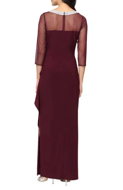 Alex Evenings Petite 3/4-sleeve Illusion Ruffled Gown In Burgundy