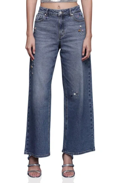 Avec Les Filles Bejweled High Waist Wide Leg Jeans In Blue
