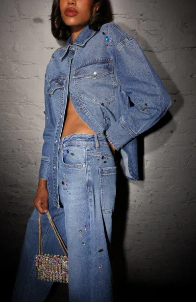 Avec Les Filles Bejweled High Waist Wide Leg Jeans In Blue