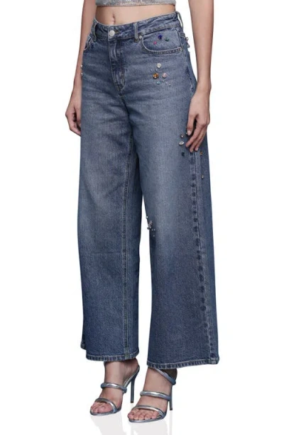 Avec Les Filles Bejweled High Waist Wide Leg Jeans In Blue