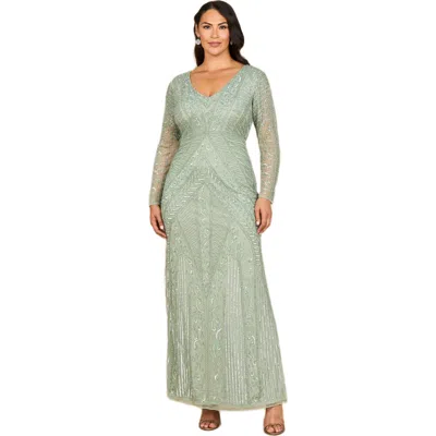 Lara New York Long Sleeve Geometric Beaded Gown In Green