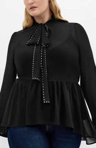 City Chic Kara Studded Pussybow Sheer Top In Black