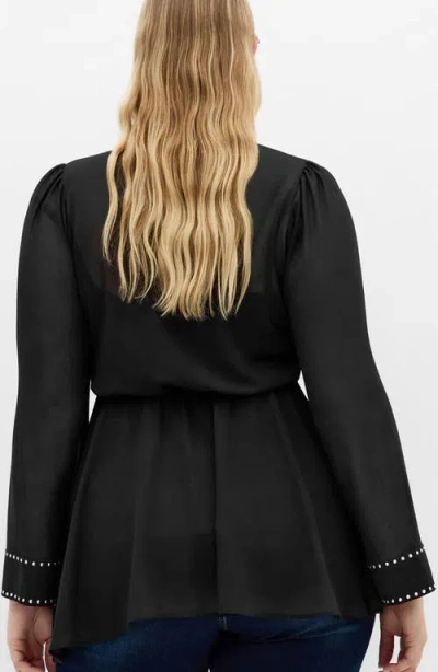 City Chic Kara Studded Pussybow Sheer Top In Black