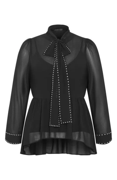 City Chic Kara Studded Pussybow Sheer Top In Black