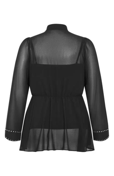 City Chic Kara Studded Pussybow Sheer Top In Black