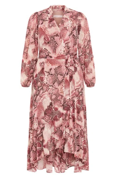 City Chic Instinct Snakeskin Print Long Sleeve Wrap Dress In Green