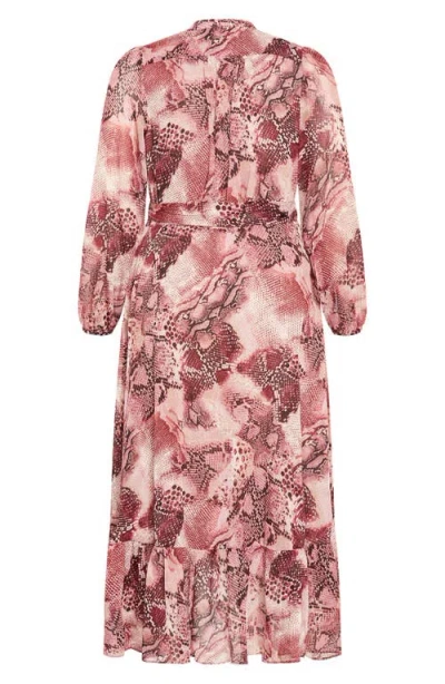 City Chic Instinct Snakeskin Print Long Sleeve Wrap Dress In Green