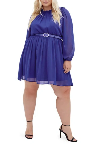 City Chic Madelynn Belted Long Sleeve Dress In Blue