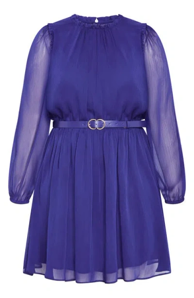 City Chic Madelynn Belted Long Sleeve Dress In Blue