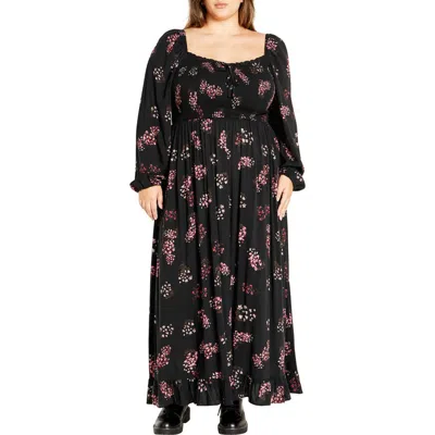 City Chic Murphy Long Sleeve Smocked Bodice Maxi Dress In Black