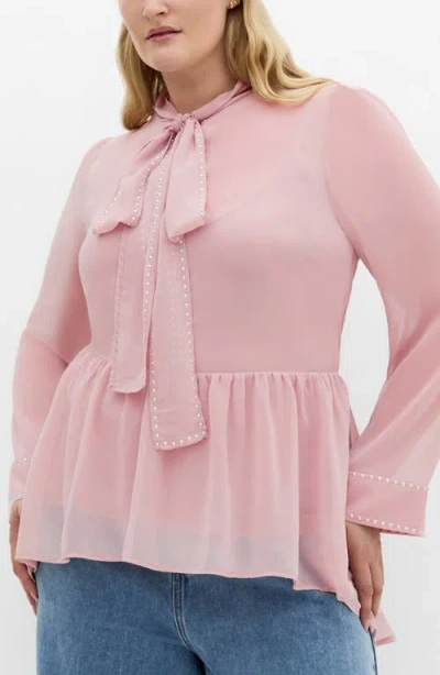 City Chic Kara Studded Pussybow Sheer Top In Pink