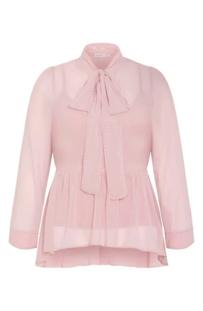 City Chic Kara Studded Pussybow Sheer Top In Pink