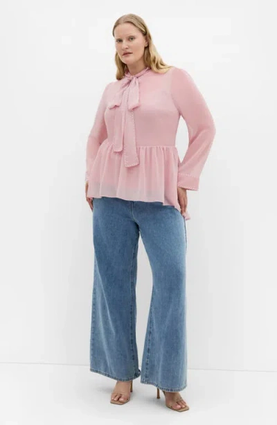 City Chic Kara Studded Pussybow Sheer Top In Pink