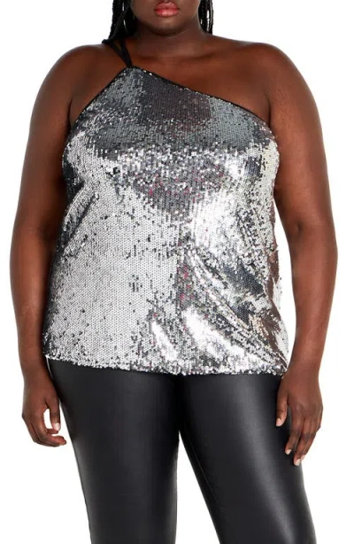 City Chic Lottie Sequin One-shoulder Top In Silver
