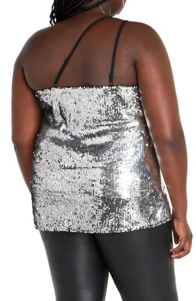 City Chic Lottie Sequin One-shoulder Top In Silver