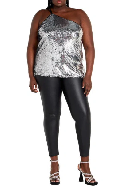 City Chic Lottie Sequin One-shoulder Top In Silver