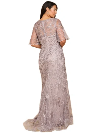 Lara New York Overskirt Lace Fitted V-neck Gown With Cape Sleeves In Purple