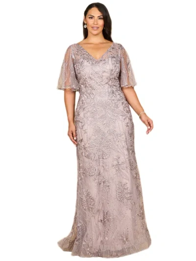 Lara New York Overskirt Lace Fitted V-neck Gown With Cape Sleeves In Purple