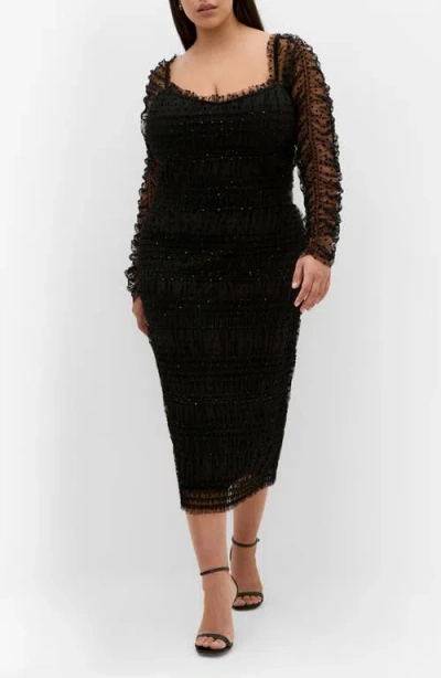 City Chic Sofie Swiss Dot Long Sleeve Cocktail Dress In Black