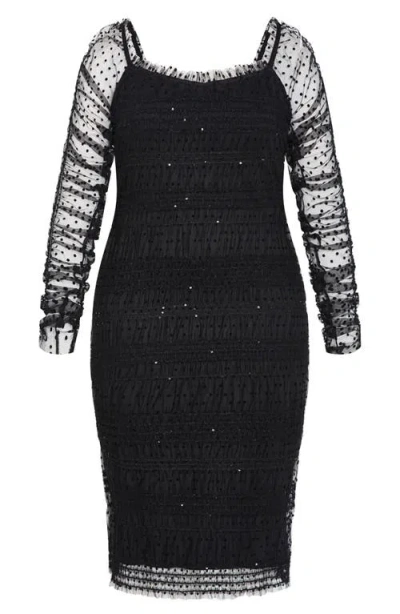 City Chic Sofie Swiss Dot Long Sleeve Cocktail Dress In Black