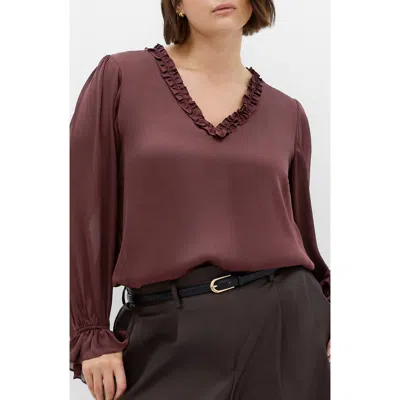 City Chic Maia Ruffle Fluted Sleeve Satin Top In Brown