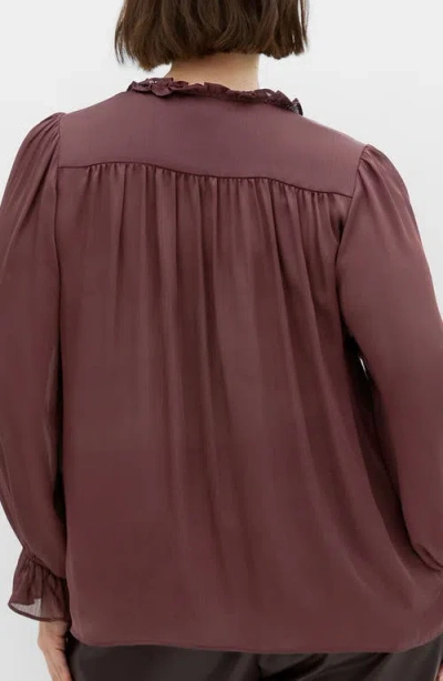 City Chic Maia Ruffle Fluted Sleeve Satin Top In Brown