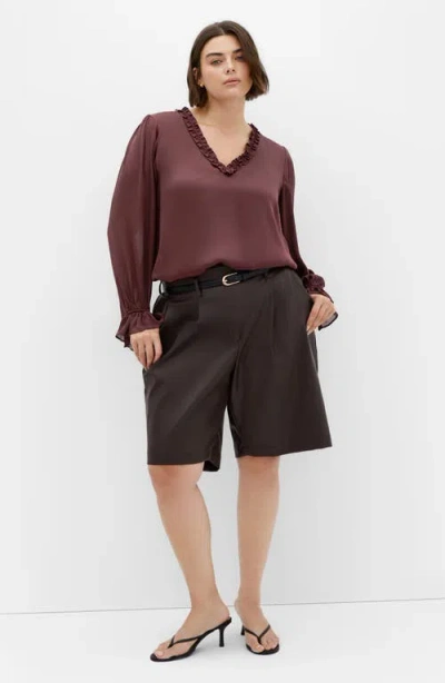 City Chic Maia Ruffle Fluted Sleeve Satin Top In Brown