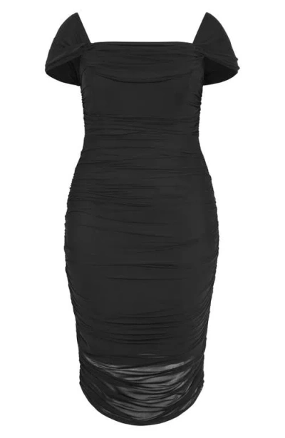 City Chic Jazmin Off The Shoulder Ruched Mesh Dress In Black
