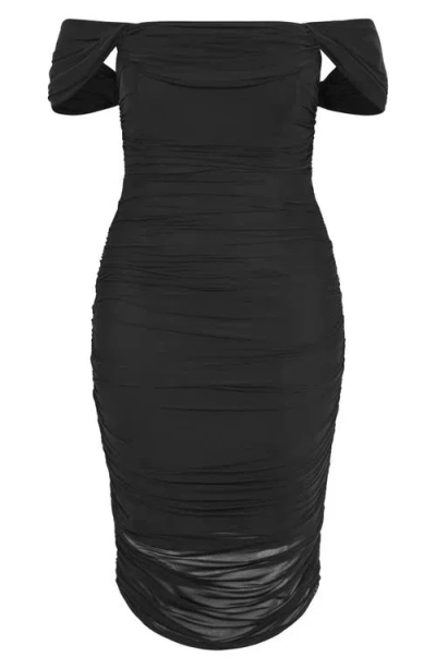 City Chic Jazmin Off The Shoulder Ruched Mesh Dress In Black