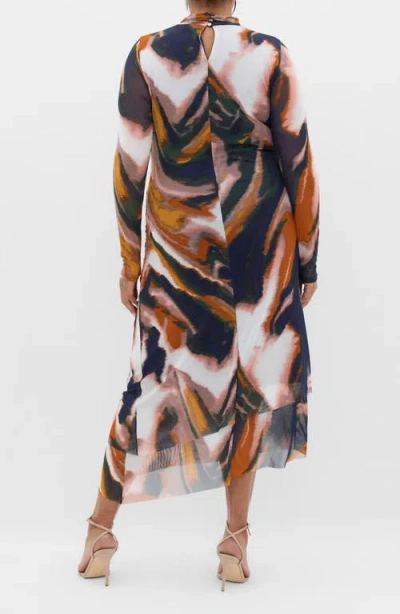 City Chic Zia Print Long Sleeve Ruched Mesh Dress In Brown