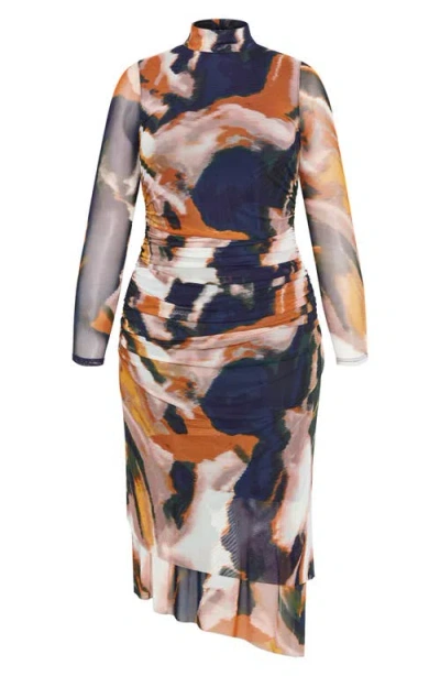 City Chic Zia Print Long Sleeve Ruched Mesh Dress In Brown