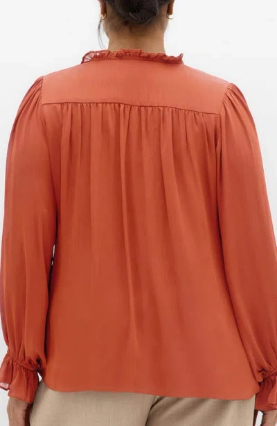 City Chic Maia Ruffle Fluted Sleeve Satin Top In Brown