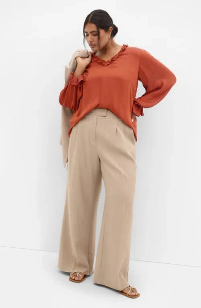 City Chic Maia Ruffle Fluted Sleeve Satin Top In Brown