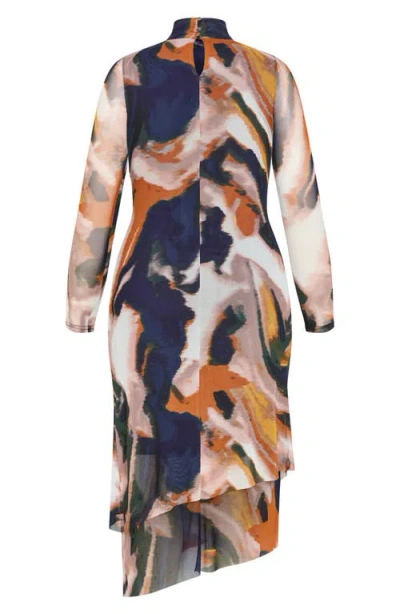 City Chic Zia Print Long Sleeve Ruched Mesh Dress In Brown