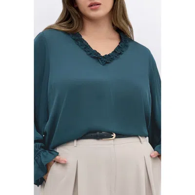 City Chic Maia Ruffle Fluted Sleeve Satin Top In Blue
