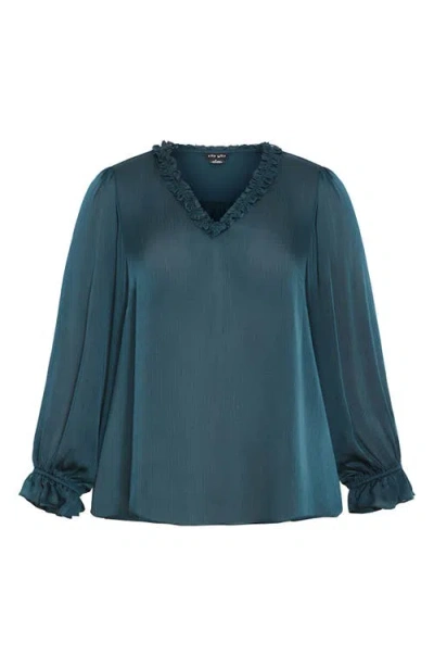 City Chic Maia Ruffle Fluted Sleeve Satin Top In Blue