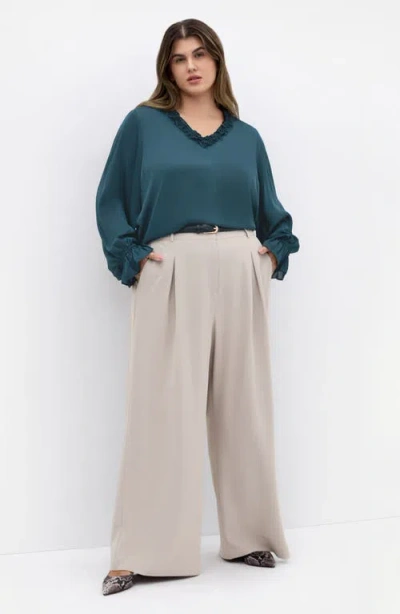 City Chic Maia Ruffle Fluted Sleeve Satin Top In Blue