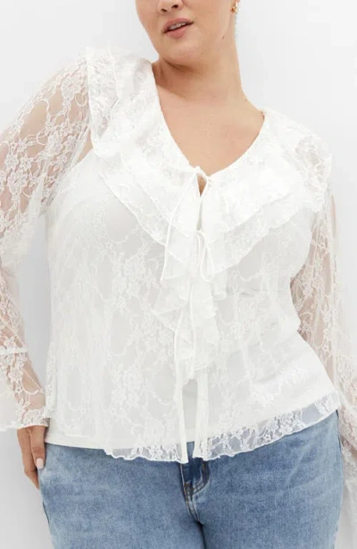 City Chic Lacie Ruffle Long Sleeve Lace Top In White