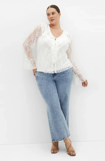 City Chic Lacie Ruffle Long Sleeve Lace Top In White