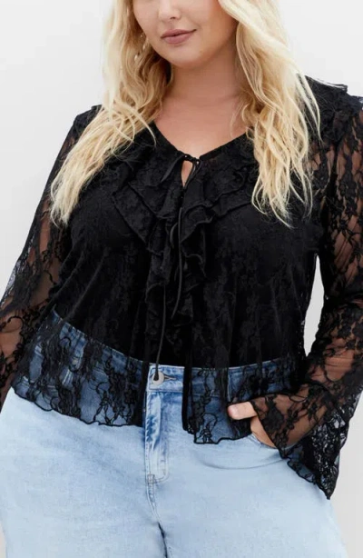 City Chic Lacie Ruffle Long Sleeve Lace Top In Black