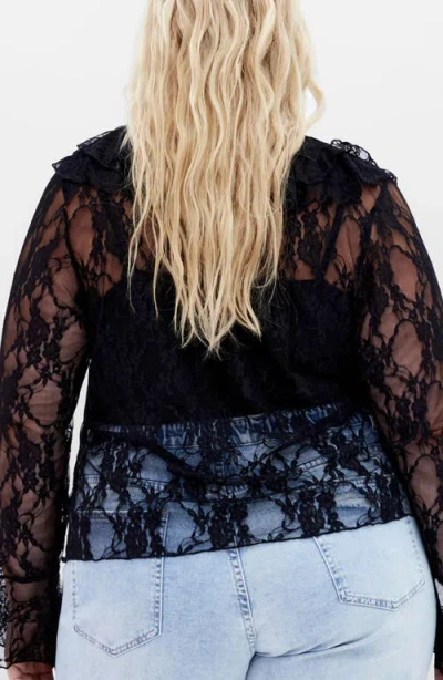 City Chic Lacie Ruffle Long Sleeve Lace Top In Black