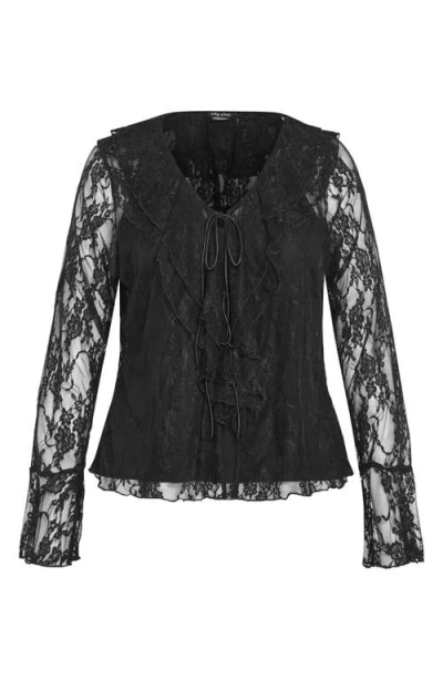 City Chic Lacie Ruffle Long Sleeve Lace Top In Black