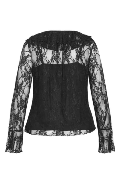 City Chic Lacie Ruffle Long Sleeve Lace Top In Black