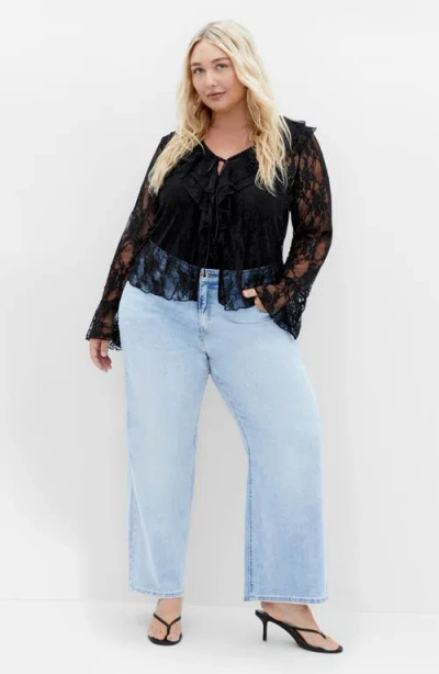 City Chic Lacie Ruffle Long Sleeve Lace Top In Black