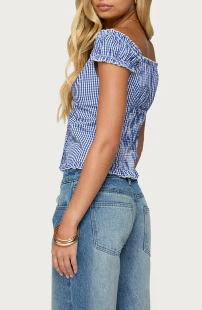 Edikted Dorothie Gingham Ruffle Crop Cotton Button-up Shirt In Blue
