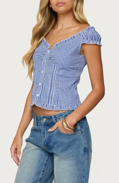 Edikted Dorothie Gingham Ruffle Crop Cotton Button-up Shirt In Blue