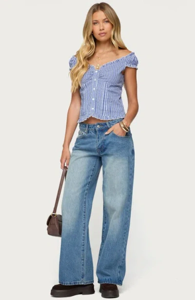 Edikted Dorothie Gingham Ruffle Crop Cotton Button-up Shirt In Blue