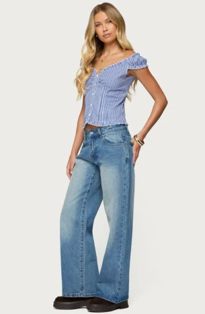 Edikted Dorothie Gingham Ruffle Crop Cotton Button-up Shirt In Blue