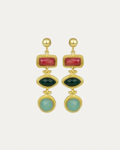 Ottoman Hands Innana Ruby, Emerald And Aqua Chalcedony Drop Earrings In Multi