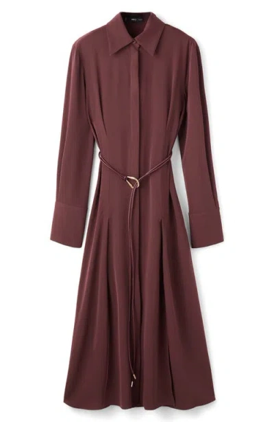 Mango Long Sleeve Belted Shirtdress In Burgundy